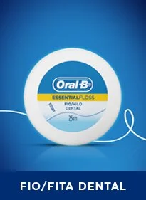 Produto - Fio dental Oral-B Essential Floss em embalagem circular branca e azul.
