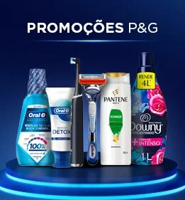 Produtos de higiene e limpeza da P&G em fundo azul com o texto 