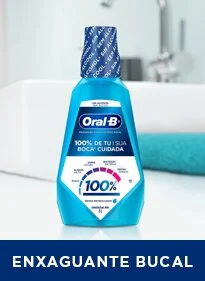 Produto - Frasco de Enxaguante bucal Oral-B, selo de proteção, banheiro claro.