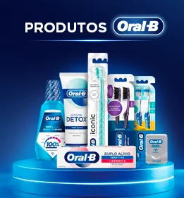 Mostra produtos da Oral-B, incluindo pastas de dente e escovas, com o logo da marca e o texto 